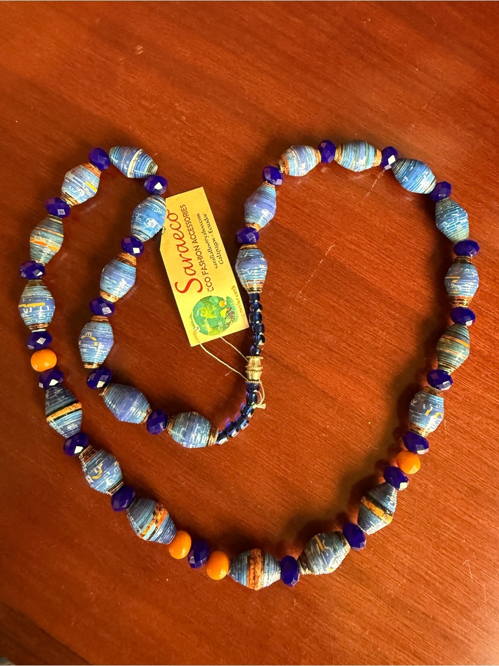 NWT Saraeco Blue and Orange Mixed Bead Necklace, Ecuador.